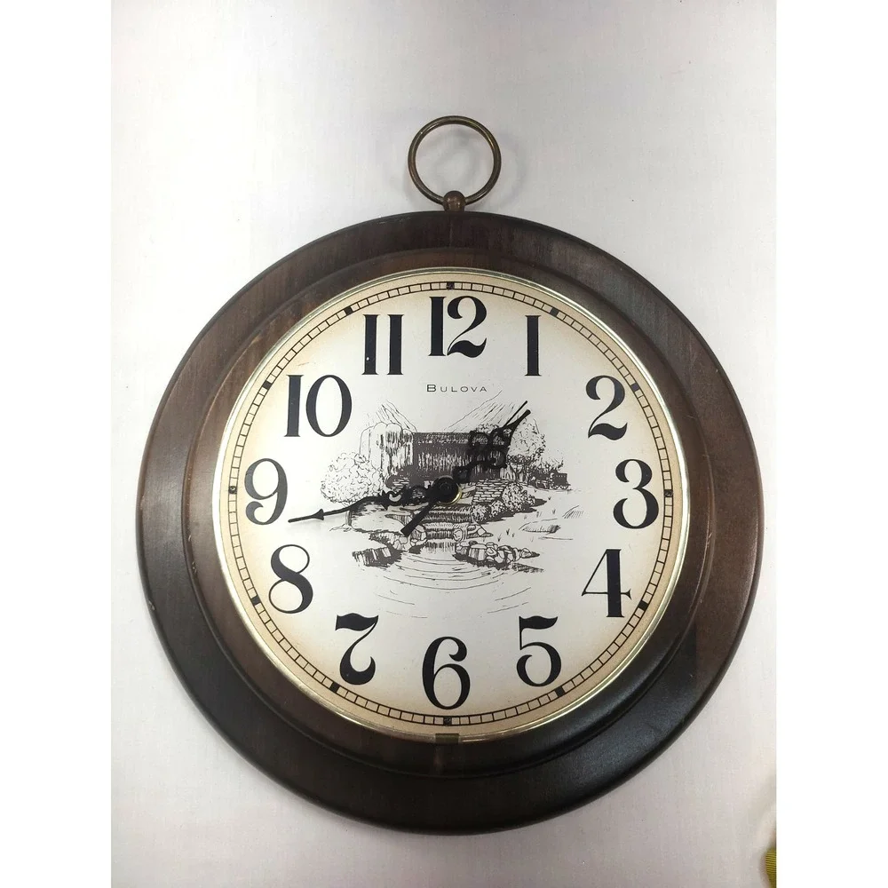 Bulova Quartz Vintage Wall Clock Wooden Round 13.5 Inch Vintage